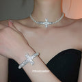 Silver Rhinestone Cross Pearl Necklace And Bracelet Set view 1