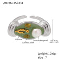 Green Enamel Floral Open Rings Pearl Rose Gold Steel Size 7 view 6