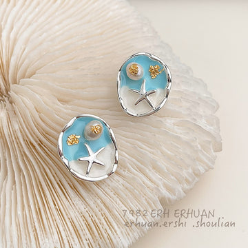 Silver Ocean Beach Stud Earrings With Starfish Pearl And Gold