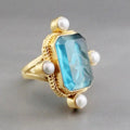 Gold Tone Blue Carved Gem Pearl Accent Ring Sizes 6-10 view 5