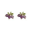 Gold Tone Green Leaf And Purple Grape Cluster Stud Earrings view 5