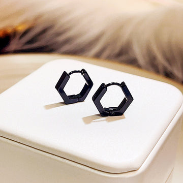 Black Matte Hexagon Huggie Hoop Earrings Geometric Metal