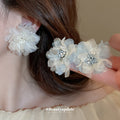 Blue And White Layered Mesh Flower Beaded Stud Earrings view 1