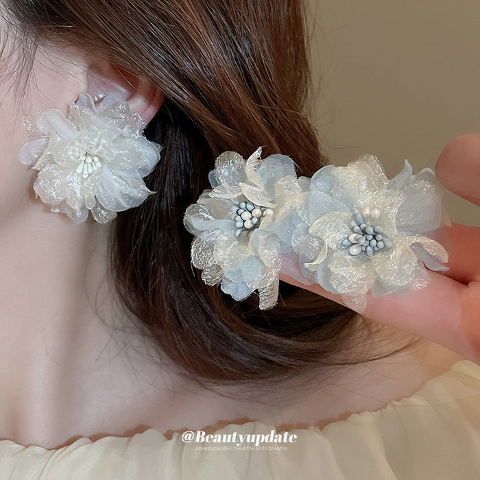 Blue And White Layered Mesh Flower Beaded Stud Earrings