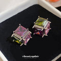Multicolor Square Faceted Stone Stud Earrings in Silver Tone view 3