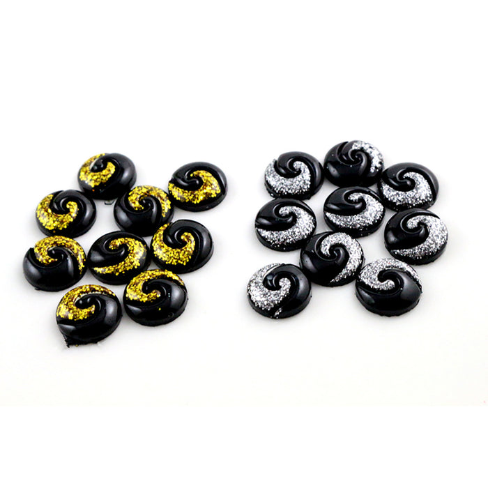 Yin Yang Round Resin Cabochons in Black Gold and Silver