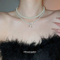 White Pearl Bow Necklace Set with Two Layered Strands view 3