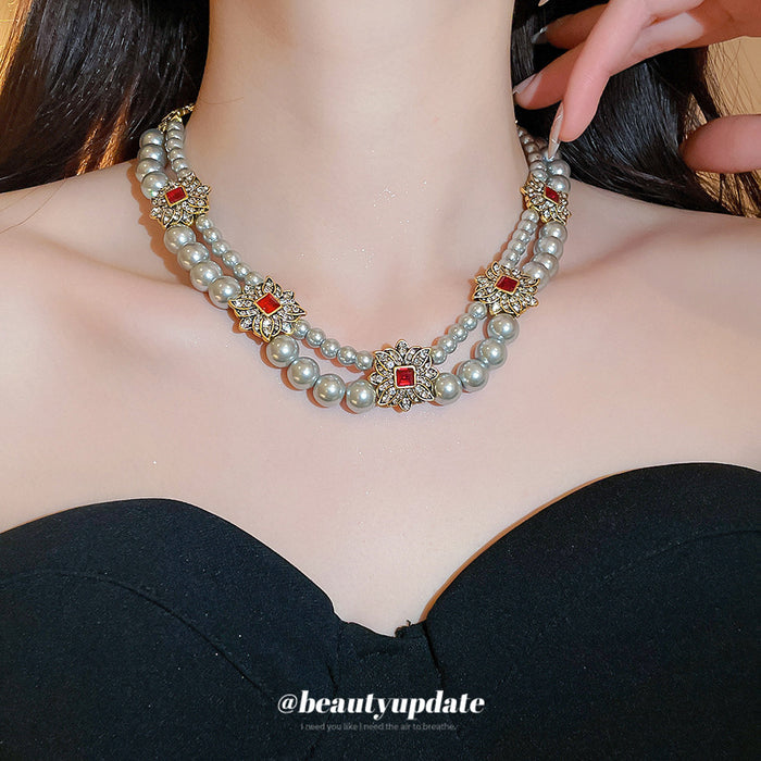 Layered Gray Pearl Like Necklace with Floral Crystal Accents