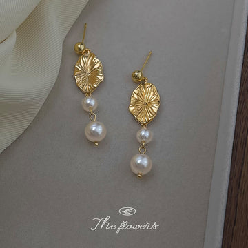 Gold Tone Radiating Oval Medallion Double Pearl Drop Earrings
