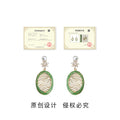 Green Enamel Gold Wave Oval Drop Earrings Pearl CZ Top view 3