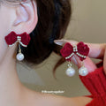 Red Velvet Bow Horse Drop Earrings with Distinctive Textured Details view 4