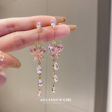 Pink Crystal Heart Butterfly Tassel Earrings Polished Metal Jewelry