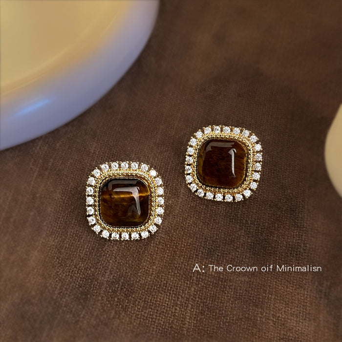 Gold Cushion Tiger Eye Clear CZ Halo Stud Earrings