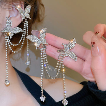 Mismatched Butterfly Ear Cuffs With Crystal Chain Swags