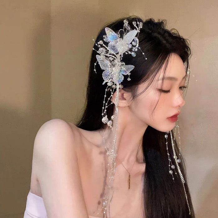 Iridescent Butterfly Hair Clips With Long Crystal And Bead Fringe