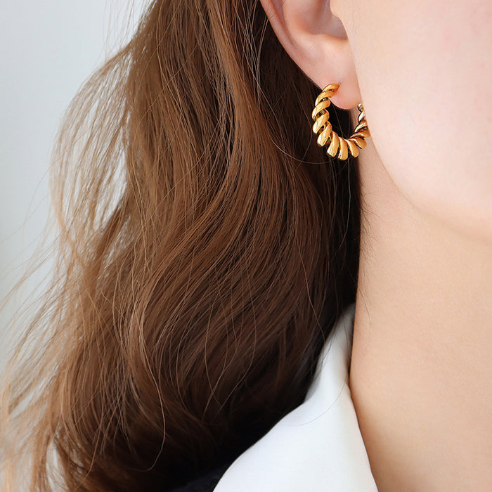 Gold Steel Twisted Rope C-Shape Hoop Stud Earrings