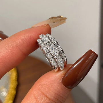 Three-Piece Round And Baguette Stone Ring Set In Silver Tone