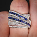 Deep Blue Crisscross Multi-Rail Extra-Wide Ring Silver Tone view 2