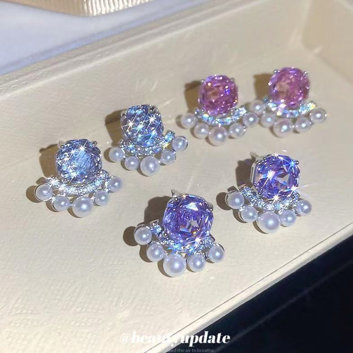 Crystal Flower Pearl Cluster Stud Earrings Fashion Jewelry Accessory
