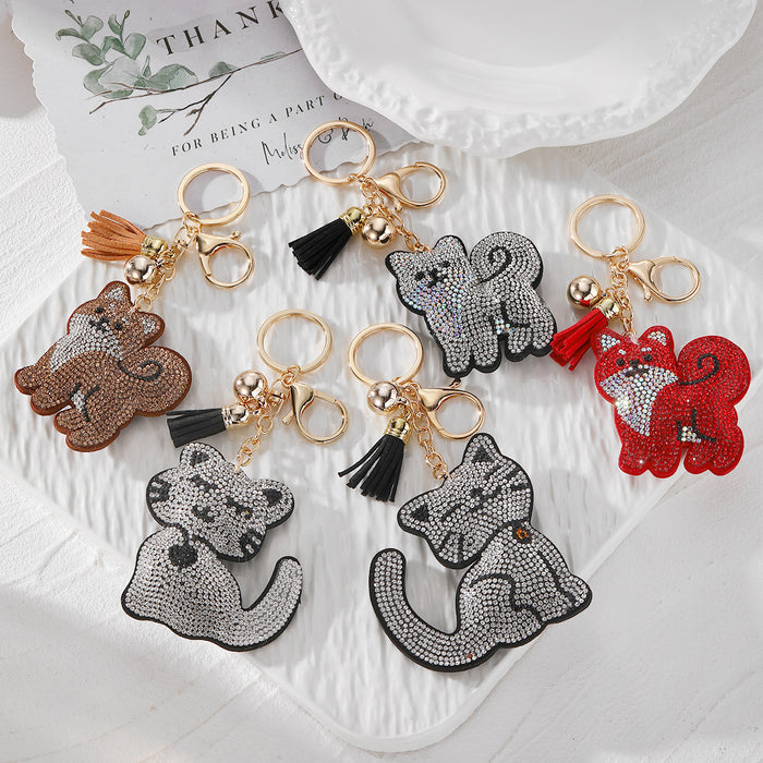 Rhinestone Fox Cat and Dog Tassel Clip Keychains in Five Designs