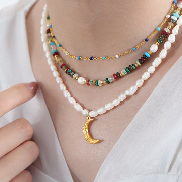 Gold Crescent Moon Pendant Freshwater Pearl Necklace