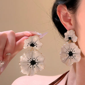 White Double Flower Statement Stud Earrings with Black Centers