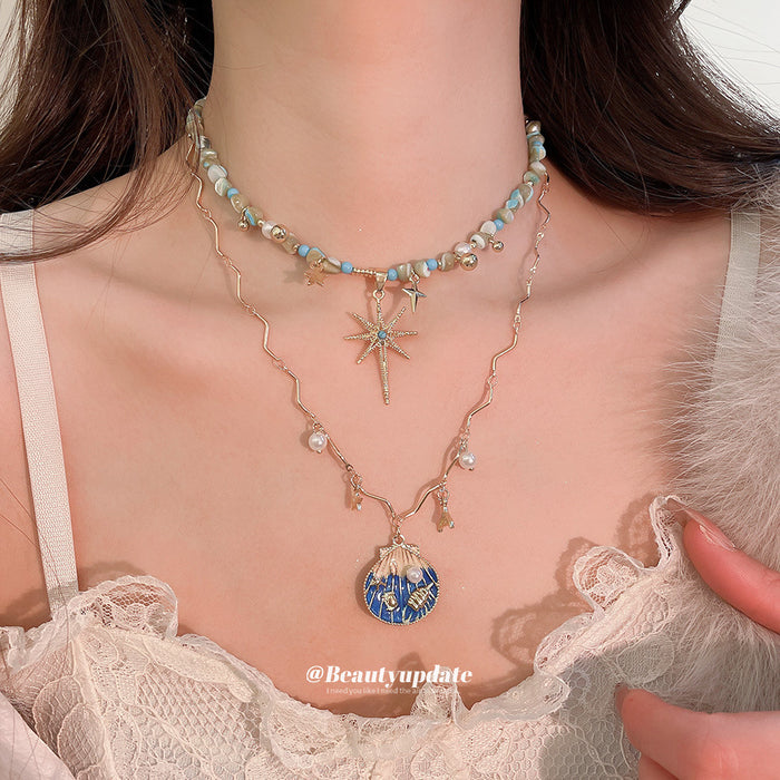 Blue Bead Celestial Charm Layered Necklace Decorative Jewelry
