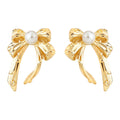 Gold Ribbon Bow Stud Earrings White Pearl Center Pair view 5
