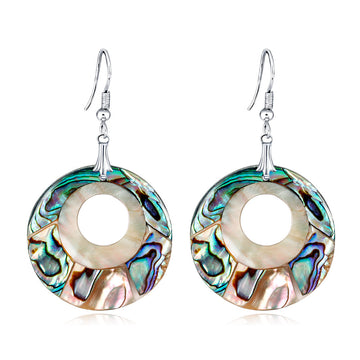 Round Iridescent Shell Dangle Earrings with Hook Backs