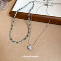 Turquoise Brown Bead Silver Flower Double Layer Necklace view 4
