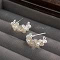 Silver Cream Flower Pearl C Hoop Earrings Pair Set view 4