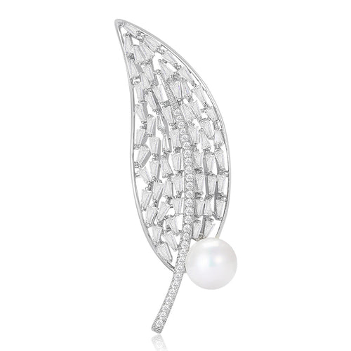Silver crystal leaf brooch with white pearl front view