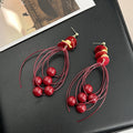 Burgundy Wire Loop and Red Bead Long Dangle Earrings view 4