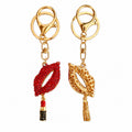 Red Rhinestone Lips Lipstick Keychain Gold Metal Bag Charm view 4