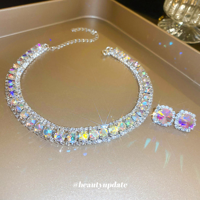 Silver Tone Iridescent Square Crystal Choker And Stud Earring Set
