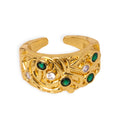 Gold Open Ring Embossed Band Green Glass Clear Stones view 5