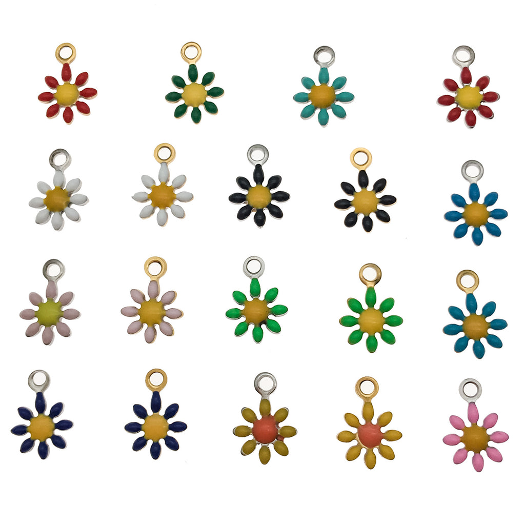 Gold Tone Enamel Stainless Steel Daisy Flower Double Sided Charm Pendant for DIY Bracelet Keychain