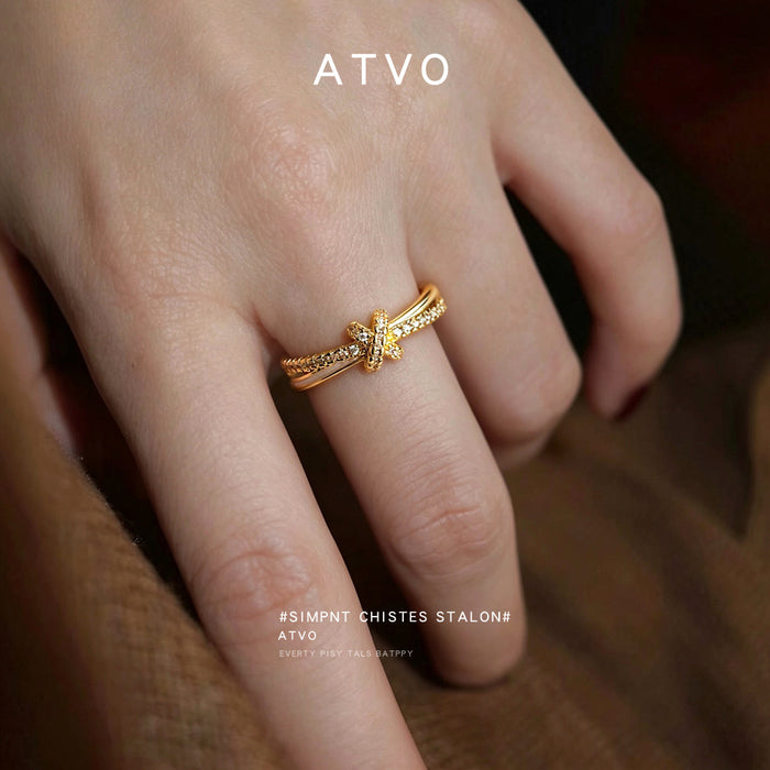 Gold Tone Clear Stone Bow Adjustable Open Ring For Women