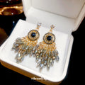 Silver Tone Blue Crystal Chandelier Drop Earrings with Metal Tone Details view 4