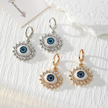Rhinestone Eye Motif Huggie Hoop Drop Earrings 2 Tones