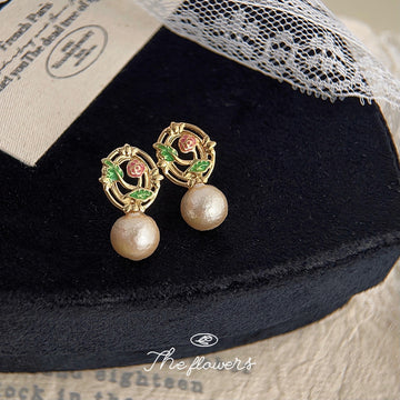 Gold-Tone Enamel Rose Openwork Cotton Pearl Drop Earrings