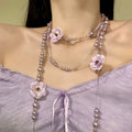 Purple Flower Layered Pearl And Chain Statement Necklace view 3