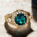 Gold Teal Center Halo Side Stone Filigree Finger Ring view 2