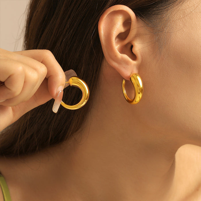 Chunky C Shape Hollow Horn Hoop Stud Earrings Gold Tone Metal