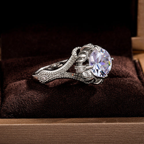 Silver Tone Round Clear Stone Leaf Shoulder Ring Statement Jewelry - angled detail view