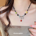 Black Multi Cord Ceramic Bead Fortune Charm Necklace view 3