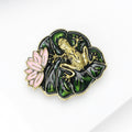 Gold Tone Frog on Green Lily Pads and Pink Lotus Brooch view 3
