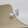 Silver Heart Huggie Earrings Pink Square Green Accent view 4
