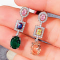 Silver Tone Multicolor Oval Drop Earrings Halo Pave Stations view 3