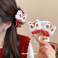 White Flocked Lion Dance Hair Clip Red Pom Bells Tassels view 1